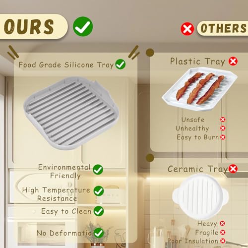 HOMOMSAE Large Soft Silicone Food Grade Microwave Meat Bacon Tray for Bacon Cooking - 10 inch, Microwave Oven Safe, Easy