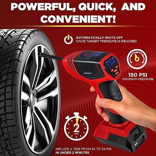 BULLSEYE PRO Tire Inflator with Pressure Gauge for Home and Vehicle, Automatic Shut Off, 150 PSI Max, USB Rechargeable (