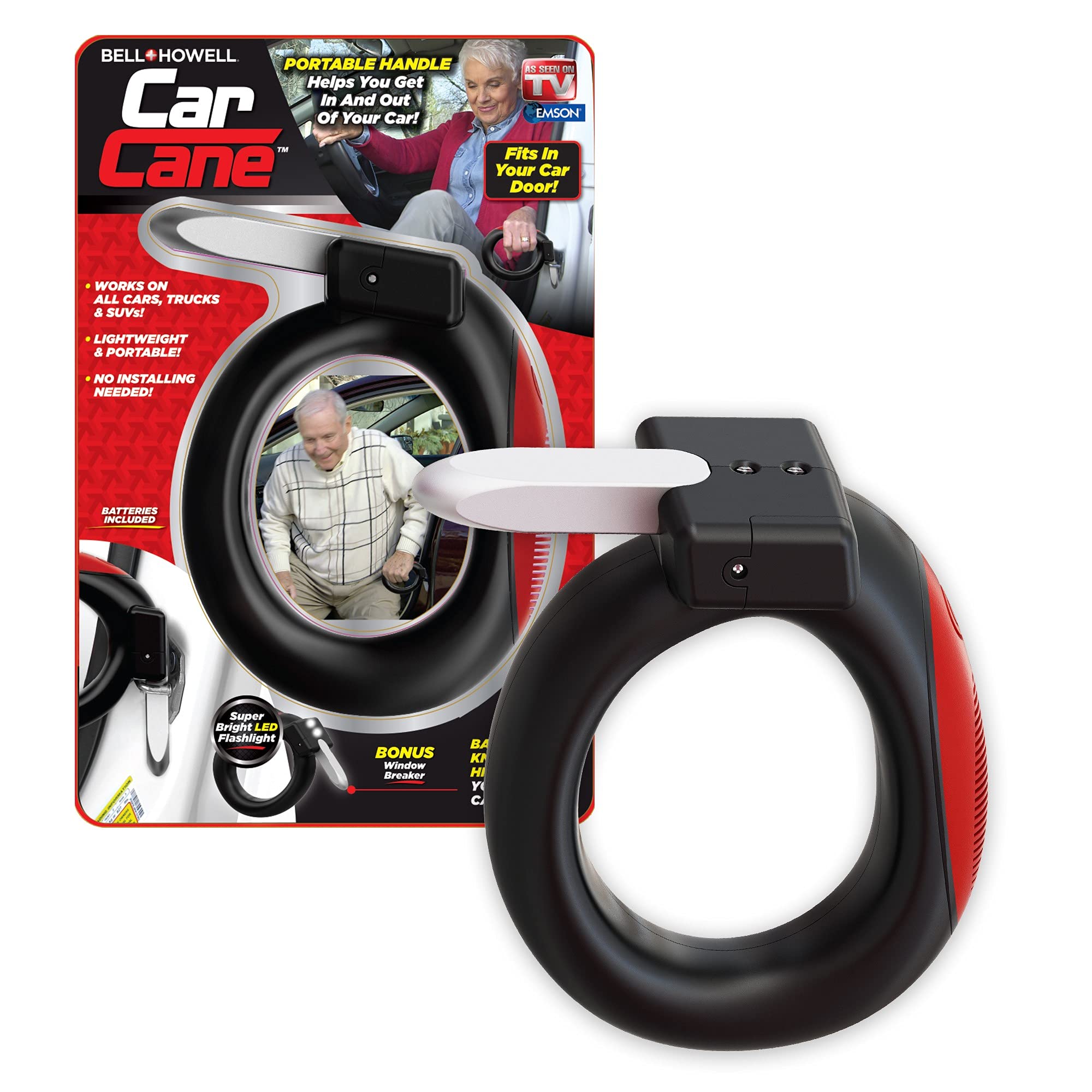 Original Car Cane Multifunctional Auto Assist Seatbelt Cutter Window Breaker with LED Flashlight Car Handle Batteries In