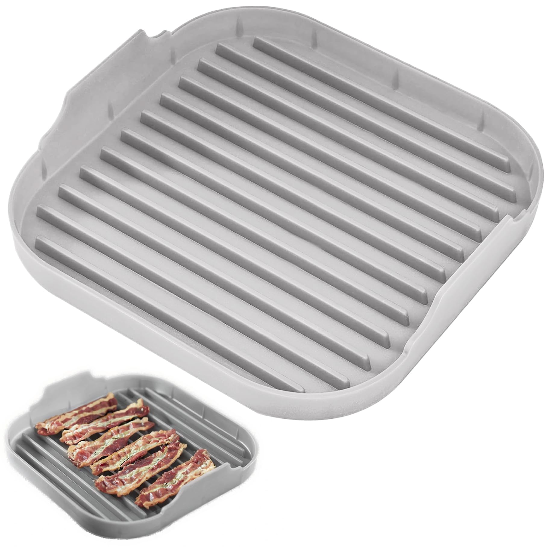 Food-Grade Silicone Microwave Bacon Tray for Easy Cooking, Non-Stick with Grooves, Dishwasher Safe, 9.8x9.8x2 Inch Grey,