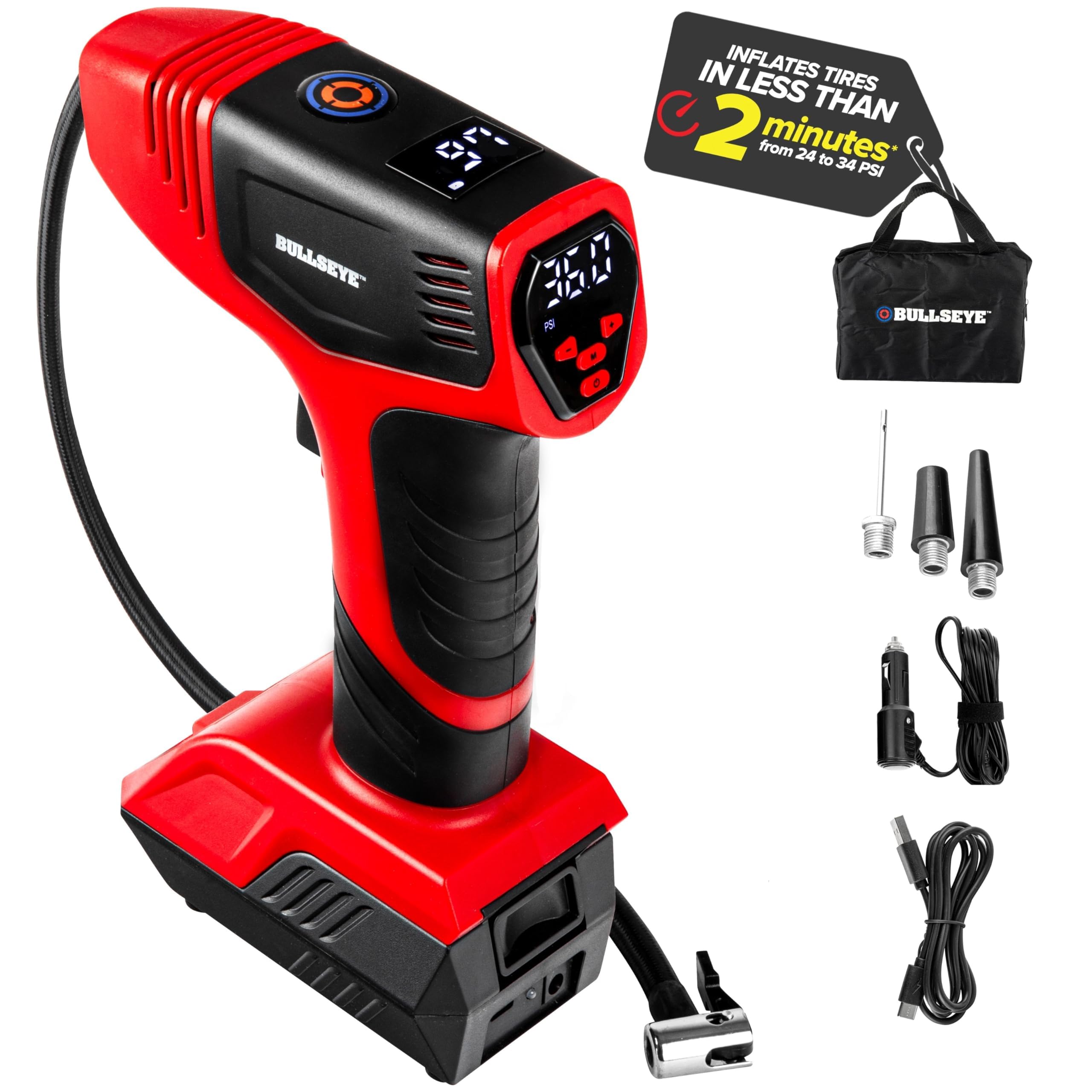 BULLSEYE PRO Tire Inflator with Pressure Gauge for Home and Vehicle, Automatic Shut Off, 150 PSI Max, USB Rechargeable (